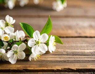 Delicate white blossoms on rustic wood