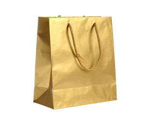 A shiny, golden shopping bag, with rope handles, isolated on a dark background