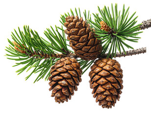 Close-up of pine branch with green needles and three brown pinecones, isolated