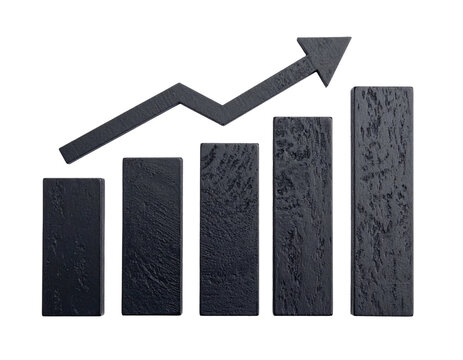 3D dark gray bars showing increasing growth with an upward arrow on black