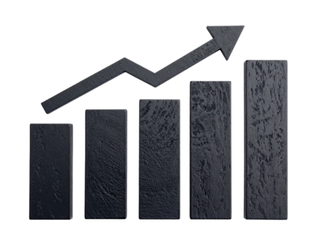 3D dark gray bars showing increasing growth with an upward arrow on black