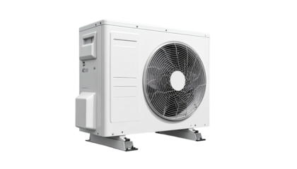 White, rectangular outdoor mechanical unit, prominent fan, on a black background