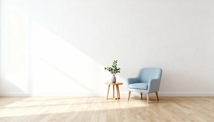 Minimalist interior with light blue armchair and small wooden side table room empty