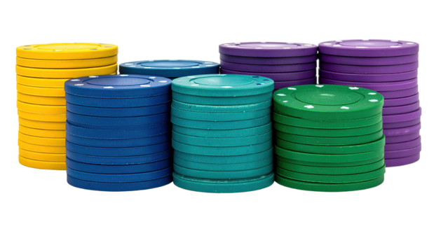 Colorful stacks of gaming currency with a black background, vibrant and diverse