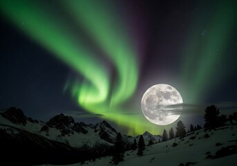 Aurora Borealis and Full Moon Over Snowy Mountains.