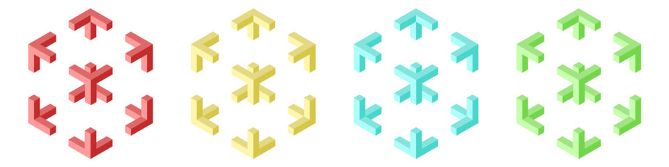 3D geometry vector in red, yellow, blue, and green with geometric isometric shapes forming circular patterns. Ideal for navigation icons, interface design, infographic, and modern concept