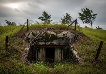 Overgrown Bunker Entrance on a Grassy Hill with Barbed Wire.
