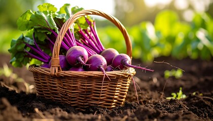 Freshly Harvested Beetroots in Wicker Basket on Garden Soil with Blurred Background.