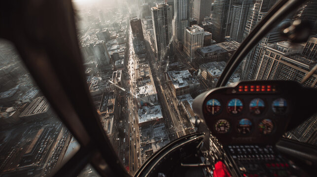 Helicopter flying through urban canyon