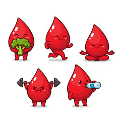 A set of adorable chibi mascot characters shaped like red blood drops