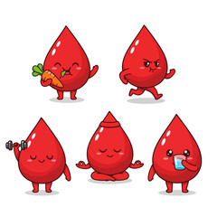 A set of adorable chibi mascot characters shaped like red blood drops