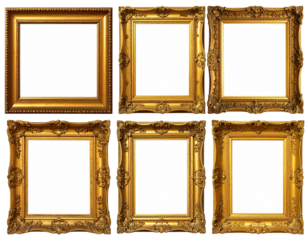 Six gilded, ornate picture frames, arranged in a grid, with blank white interiors