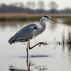 Grey Heron Standing in Water - A Serene Wildlife Moment.