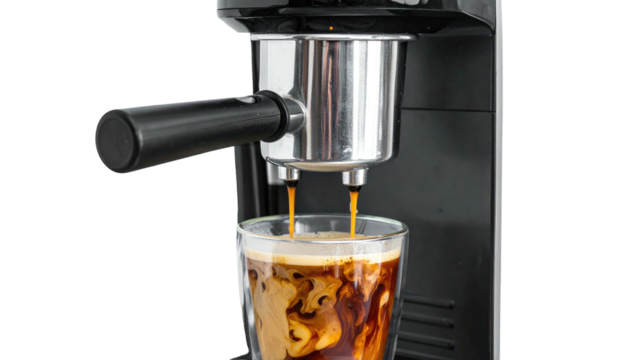 Espresso machine dispensing dark brew into a clear glass with creamy, swirling liquid