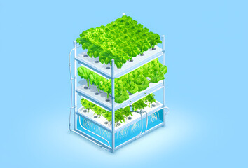 Modern indoor vertical farm with a hydroponic system growing fresh green produce on multiple stacked layers.
