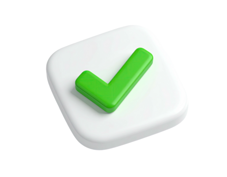 Green checkmark graphic on white square, 3D rendered, on a black backdrop