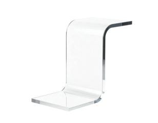 Modern, clear, acrylic side table with a curved, S-shaped design, isolated on black