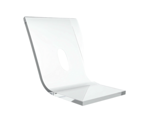 Angular, transparent, slotted bracket-like structure with a shiny surface, 3/4 view