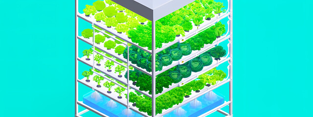 Modern indoor vertical farm with a hydroponic system growing fresh green produce on multiple stacked layers.