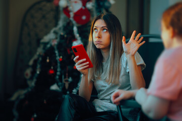 Bored Woman Checking her Phone Stopping an Annoying Conversation. Lady being annoyed by a chatty...