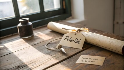 Scroll of Potential Lying on a Wooden Desk by a Window