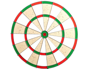 Close-up of a circular target game board, featuring numbers and colored sections