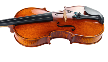 Close-up of a wooden stringed musical instrument, with detailed curves and f-holes