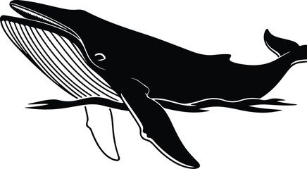 Vector silhouette blue whale swimming in ocean water illustration