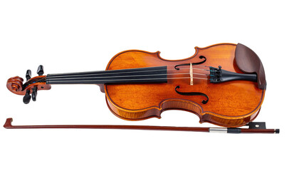 Fototapeta premium Wooden violin and bow, lying flat, details in focus, on a black background