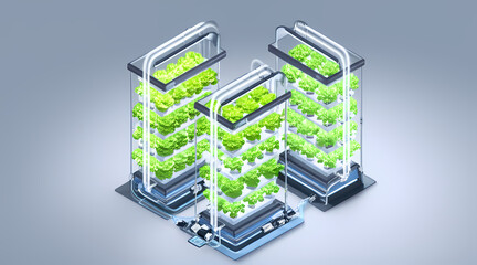 Futuristic vertical farm with rows of vibrant green leafy vegetables growing in stacked hydroponic systems under bright artificial lights, showcasing innovative urban agriculture.