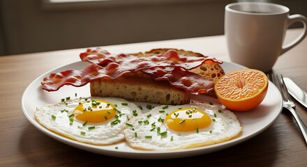 Delicious Breakfast Plate with Eggs, Bacon, Toast, and Orange.