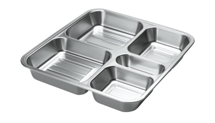 A shiny, stainless steel tray with five compartments, used for portioned meals