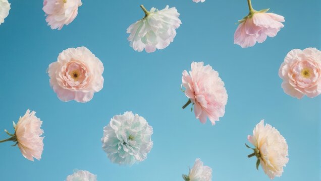 Floating pastel blossoms against a bright sky blue backdrop, creating a cheerful floral arrangement