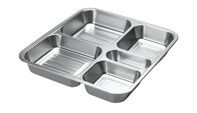 A shiny, stainless steel tray with five compartments, used for portioned meals