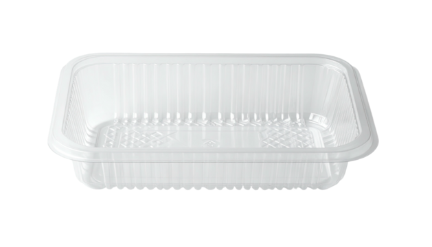 A rectangular, clear plastic container with a ribbed top edge and a textured bottom