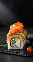 Exquisite Salmon Sushi Roll with Avocado and Cream Cheese.