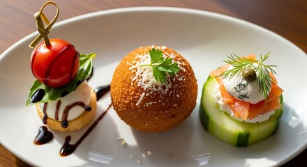 Elegant Appetizer Trio - A Culinary Delight on a White Plate.