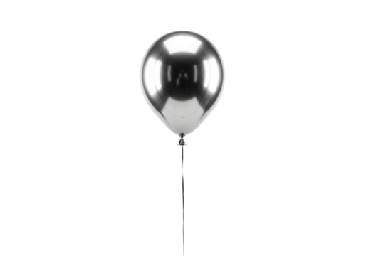 Sleek, reflective silver spherical helium balloon, thin black string, floating on a transparent studio background with soft light, copy space, concept of minimalist elegance.