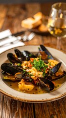 Delicious seafood stew on a plate, garnished with herbs