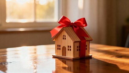 Wooden house gift with red ribbon on table home present