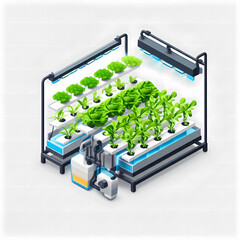 An illustrated depiction of a hydroponic system cultivating leafy green vegetables under artificial lighting, showcasing the process.