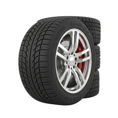 Obraz premium Stack of car tires featuring chrome rims and vibrant red brake calipers automotive