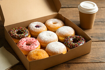Elegant breakfast scene with gourmet donuts and coffee in soft morning light