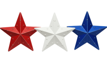 Red, white, and blue embossed five-pointed stars, glossy, arranged horizontally on a transparent background with copy space. Concept of American patriotism
