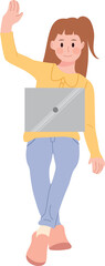 Girl Waving While Learning Coding on Laptop Illustration