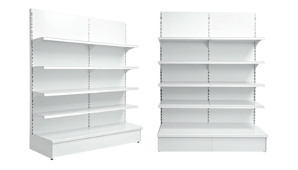 Two white retail shelves, side-by-side, display multiple horizontal shelf spaces