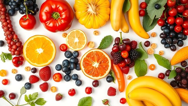 Colorful fruits and vegetables arranged neatly on a white surface.