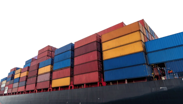 A cargo ship with colorful stacked containers against a black background