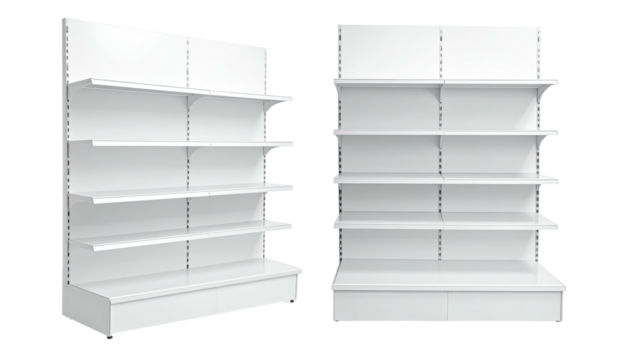Two white retail shelves, side-by-side, display multiple horizontal shelf spaces