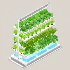 Isometric illustration of a multi-tiered hydroponic system growing various types of leafy green vegetables under artificial light.